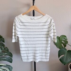 Vince White Grey Striped Linen Cashmere‎ Ribbed Boatneck Short Sleeve Sweater L